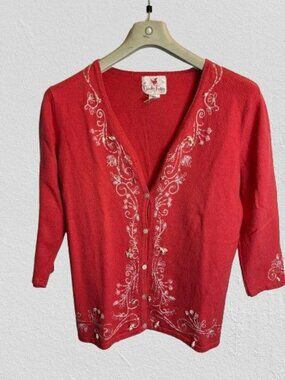 Quacker Factory Linen Embellished Red Cardigan With Bead & Sequin Details Small